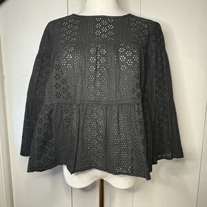 Madewell Eyelet Tiered Lace Women's Top Medium Black Bell Sleeve Whimsigoth BOHO
